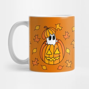 Cartoon Ghost in Jack o Lantern Pumpkin with Fall Leaves, made by EndlessEmporium Mug